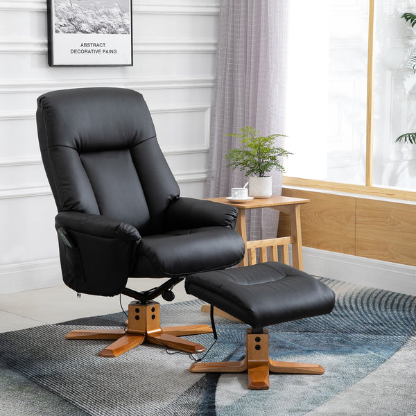 HOMCOM 10-Point Massage Sofa Armchair Chair PU Leather W/ Footrest Stool Recliner Black