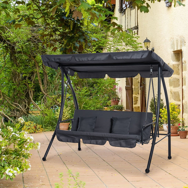 Outsunny Outdoor 2-in-1 Patio Swing Chair Lounger 3 Seater Garden Swing Seat Bed Hammock Bed Convertible Tilt Canopy W/ Cushion, Dark Grey