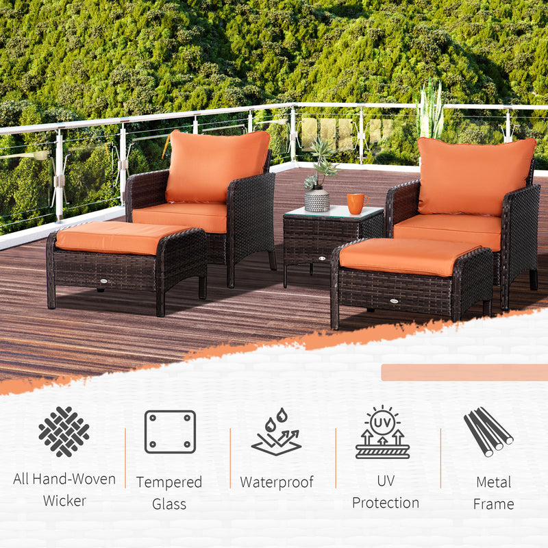 Outsunny 5 Pcs PE Rattan Garden Furniture Set, 2 Armchairs 2 Stools Glass Top Table Cushions Wicker Weave Chairs Outdoor Seating, Brown
