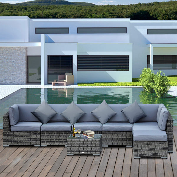 Outsunny 7-Seater Rattan Sofa Garden Furniture Aluminium Outdoor Patio Set Wicker Seater Table - Grey