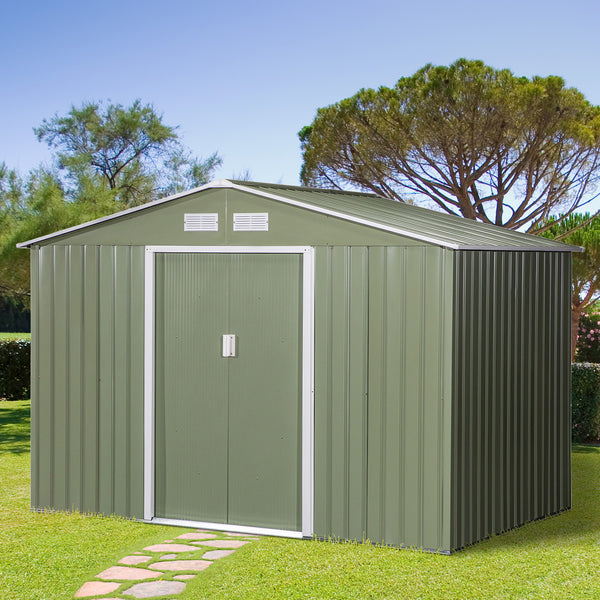 Outsunny 9 x 6FT Outdoor Garden Roofed Metal Storage Shed Tool Box with Foundation Ventilation & Doors Light Green