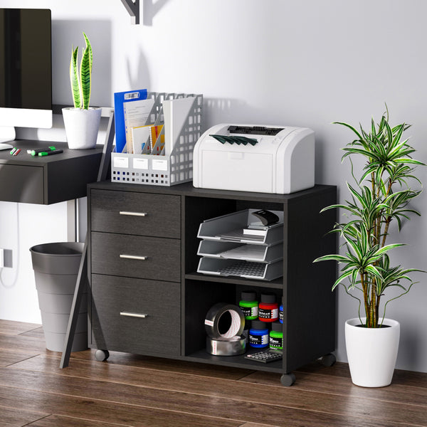 HOMCOM Freestanding Printer Stand Unit Office Desk Side Mobile Storage w/ Wheels 3 Drawers, 2 Open Shelves Modern Style 80L x 40W x 65H cm - Black