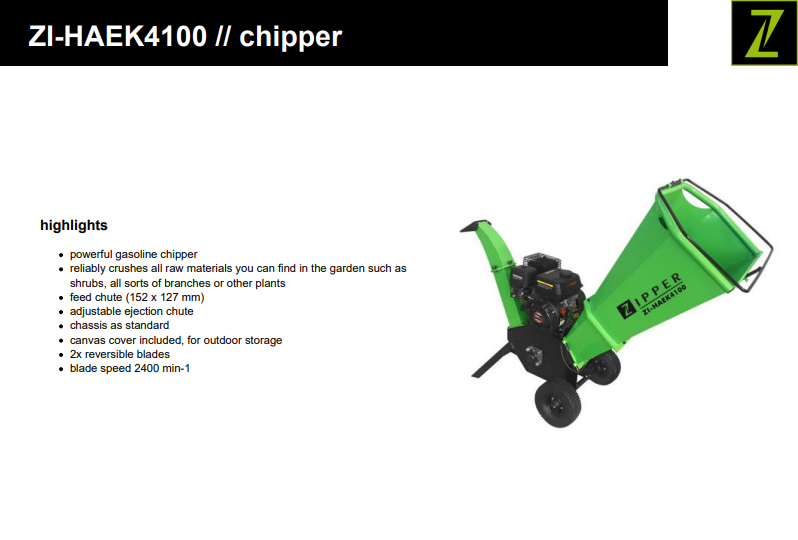 Zipper HAEK4100  100 MM Petrol Wood Chipper