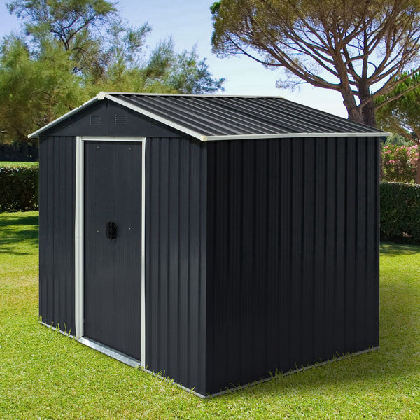 Outsunny 8 x 6ft Garden Storage Shed Double Door Ventilation Windows Sloped Roof Outdoor Equipment Tool, Grey