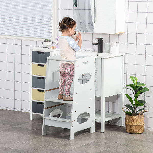 HOMCOM Kids Step Stool Toddler Kitchen Stool Learning Tower with Adjustable Standing Platform for Kids Kitchen Counter Grey