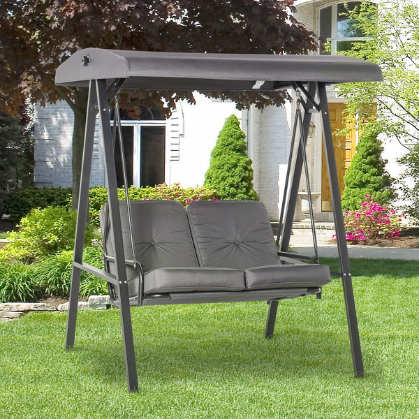 Outsunny 2 Seater Covered Outdoor Swing Chair Lounger Hammock Bench with Cushion Tilt Canopy, Grey