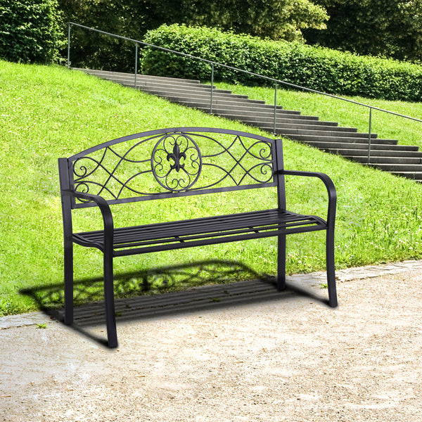 Outsunny 2 Seater Outdoor Patio Metal Garden Bench Yard Furniture Porch  Park Chair Loveseat Black 129L x 91H x 50W cm