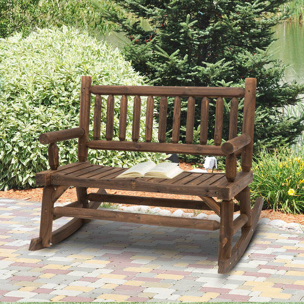 Outsunny Garden 2-Seater Rocking Bench Wood Frame Rough-Cut Log Loveseat Slatted High Back Rustic Style with Armrests - Dark Stain Brown