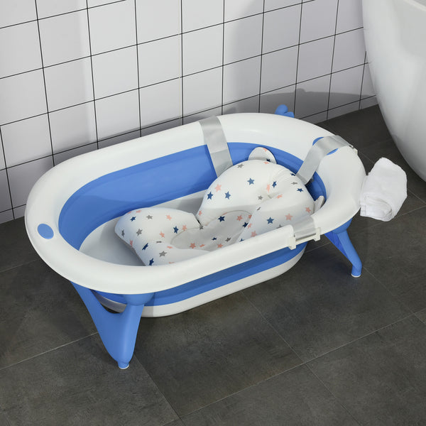 HOMCOM Collapsible Baby Bath Tub Foldable Ergonomic w/ Cushion Temperature Sensitive Water Plug Non-Slip Support Leg Portable for 0-3 Years, Blue