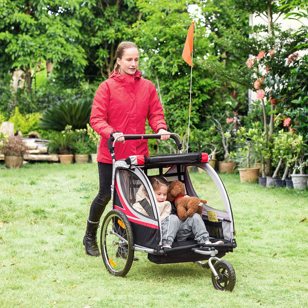 HOMCOM Child Bike Trailer 2 In 1 Baby Stroller 2-Seater Transport Carrier with Brake, 5 Point Harness, Storage Bag, Reflector, Flag, Red