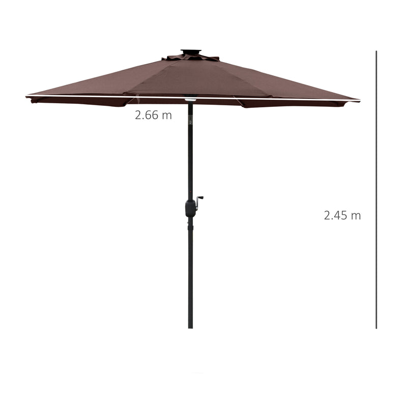 Outsunny 2.7m Garden Parasol Sun Umbrella Patio Summer Shelter w/ LED Solar Light, Angled Canopy, Vent, Crank Tilt, Coffee Brown
