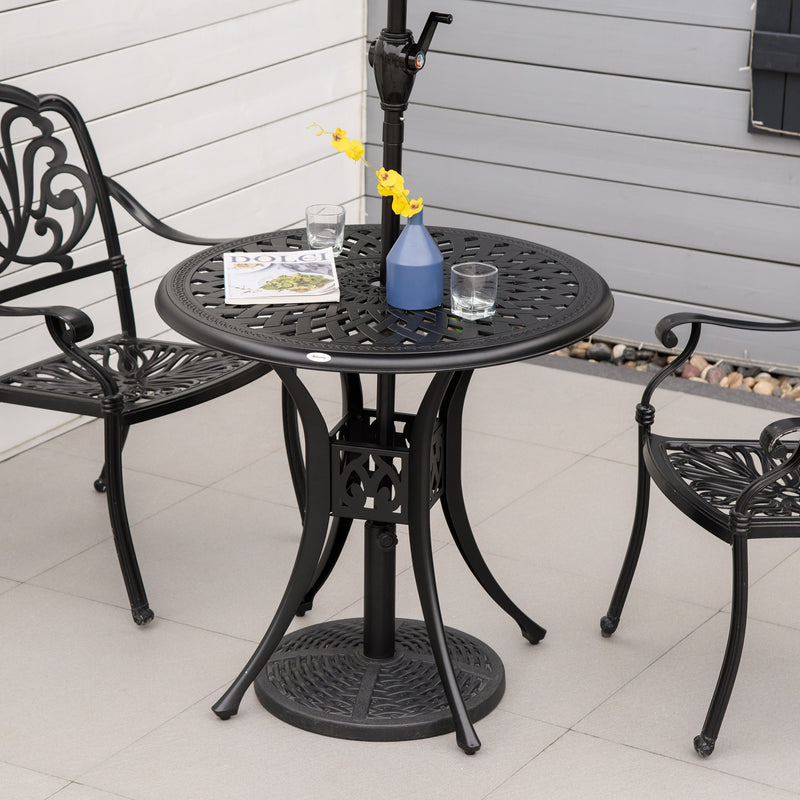 Outsunny 78cm Round Garden Dining Table Bistro Set with Parasol Hole Antique Cast Aluminium Outdoor Table, Black