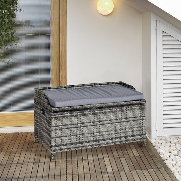 Outsunny Patio PE Rattan Wicker Storage Basket Box Bench Seat Furniture w/ Cushion Mixed Grey