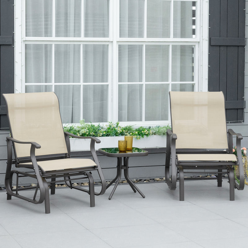 Outsunny Set of 3 Gliding Chair & Tea Table Set, Outdoor Rocker Set with 2 Armchairs, Tempered Glass Tabletop, Khaki