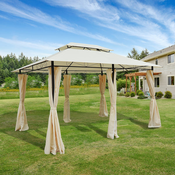 Outsunny Metal Gazebo with Curtains 4 X 3 Beige Canopy Party Tent Garden Pavillion Patio Shelter Pavilion Sidewalls Steel