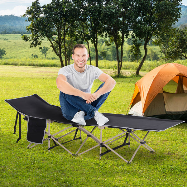 Outsunny Single Person Camping Folding Cot Outdoor Patio Portable Military Sleeping Bed Travel Guest Leisure Fishing with Side Pocket, Black