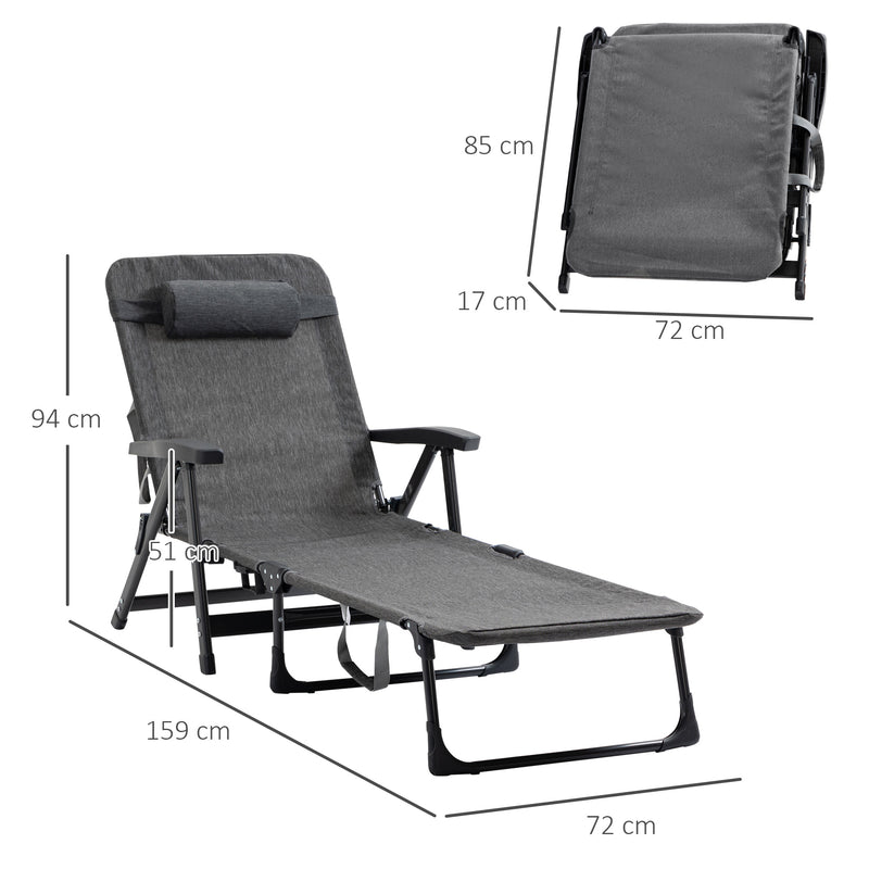 Outsunny Folding Sun Lounger, Mesh Fabric Chaise Lounge Chair, 7-Reclining Position Sleeping Bed w/ Pillow & Cup Holder for Deck, Backyard, Dark Grey