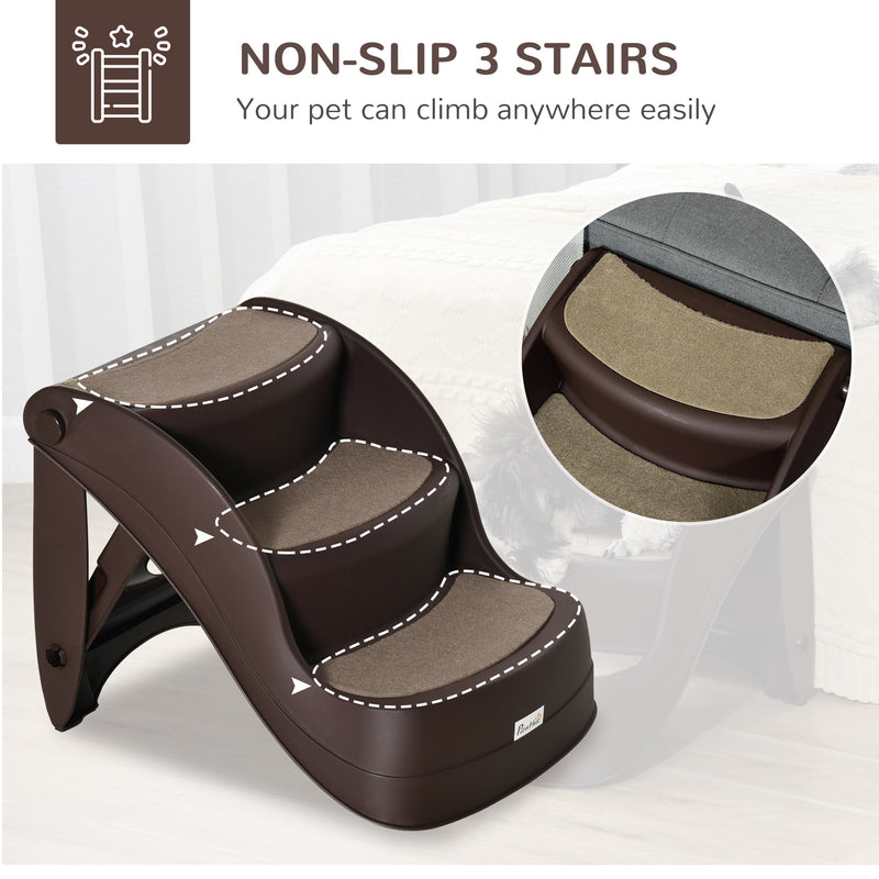 PawHut Foldable Pet Stairs Portable Dog Steps 3-Step Design with Non-slip Mats for High Beds, Sofas, 49 x 38 x 38 cm, Brown