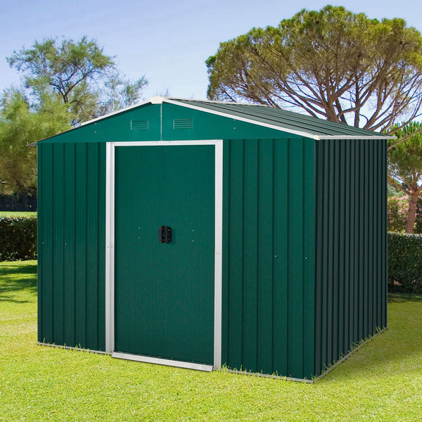 Outsunny 8 x 6ft Outdoor Garden Roofed Metal Storage Shed Tool Box with Ventilation & Sliding Doors, Green