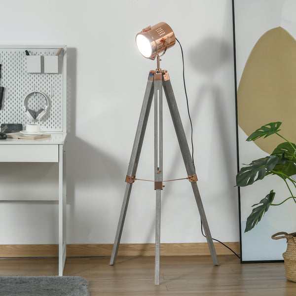 HOMCOM Industrial Tripod Floor Lamp, Nautical Searchlight with Adjustable Height, Wood Legs, E12 Lamp Base for Living, Bedroom, Grey and Rose Gold