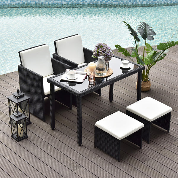 Outsunny 4-Seater Rattan Garden Furniture Space-saving Wicker Weave Sofa Set Conservatory Dining Table Table Chair Footrest Cushioned Black