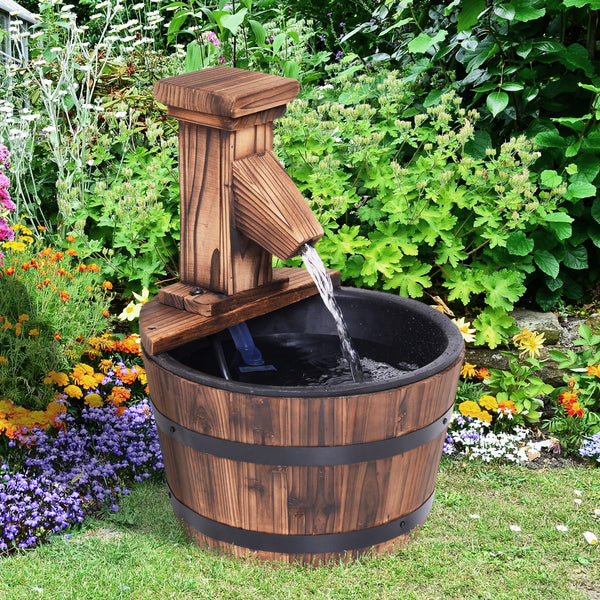 Outsunny Wood Barrel Pump Patio Water Fountain Water Feature Electric Garden